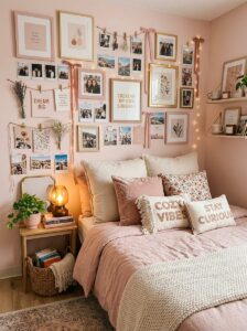 A creative college dorm wall photo gallery display utilizing string, clothespins, and pink ribbons to hang polaroids and prints above a bed with "Cozy Vibes" and "Stay Curious" pillows.