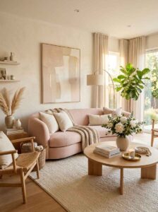 Elegant cozy living room ideas featuring a curved pastel pink sofa, a textured cream knit throw blanket, and a round wooden coffee table styled with white peonies and a burning candle