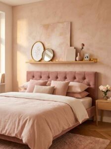 A floating wooden picture ledge styled above a velvet headboard, holding layered frames, a round gold mirror, an aesthetic book stack, and fairy lights.