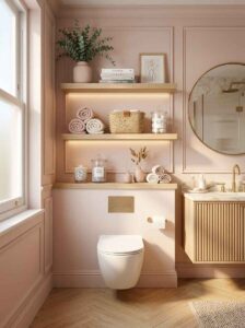 Oak floating shelves mounted above a toilet holding rolled towels, glass jars, and small plants.