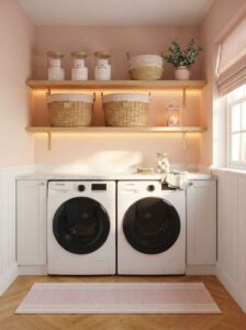 Warm wood floating shelves above washer and dryer with woven baskets and clear detergent jars.