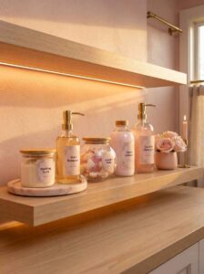 Glass laundry detergent dispensers with gold pumps and wooden canisters on a wooden shelf.
