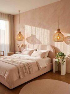 Minimalist cozy bedroom featuring raw woven rattan pendant lights hanging beside the bed over a pink waffle duvet.