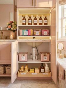 Organized tall bathroom cabinet with amber spray bottles hanging on a gold rod and labeled bins.