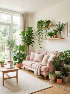 Lush green indoor plants surrounding a blush pink sofa on a woven cream rug, perfect for tropical-inspired cozy living room ideas.