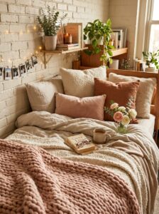 A boho style dorm room bed against a painted white brick wall, layered with neutral linen sheets, a terracotta accent pillow, a pink chunky knit blanket, and a small wooden shelf with a candle.