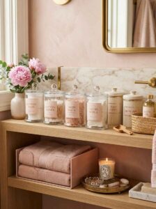 Clear glass apothecary jars with custom pink labels holding cotton pads, Q-tips, and bath salts.