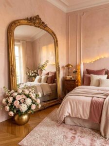 A massive ornate gold arched floor mirror reflecting a cozy pink bedroom layout with a large bouquet of fresh roses on the floor.