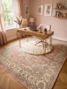 Layered area rugs under a light wood desk and blush pink chair, featuring a large patterned vintage rug and a faux fur round accent rug.