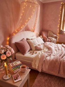 Cozy small bedroom bedding ideas showing a pink velvet headboard with layered linen sheets, velvet decorative throw pillows, a heart-shaped pillow, a thick knit blanket, and romantic hanging fairy lights.