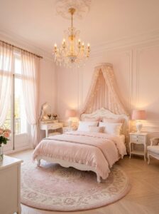 Layered lighting cozy bedroom ideas highlighting a crystal ceiling chandelier, warm fabric nightstand lamps, and delicate canopy fairy lights.