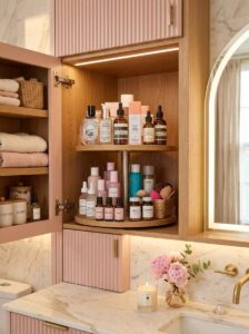 Two-tier wooden lazy susan spinning organizer holding skincare bottles inside a bathroom cabinet.