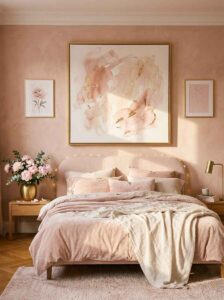 mall bedroom color palette ideas featuring a soft textured blush pink accent wall, large abstract art in a gold frame, a cozy bouclé pink headboard, and a fresh bouquet of pink roses on a warm wood nightstand.