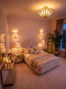Luxury apartment mixed bedroom lighting combining an Art Deco ceiling pendant with matching wall sconces and lit candles.