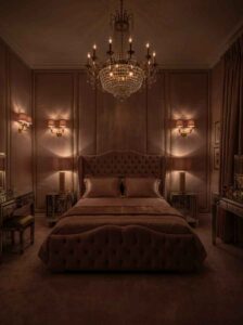 elaxing bedroom ambiance at sunset with dimmable warm accent lighting, an upholstered shell headboard, and metallic nightstands.