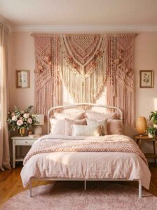 Large intricate blush pink macrame textile wall hanging acting as a dramatic bohemian headboard feature above a white iron bed frame.