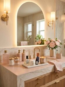 Minimal marble bathroom counter styled with amber glass soap dispensers and a small candle on a tray.
