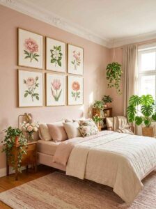Cozy neutral bedroom styling with a minimal grid of six matching gold frames displaying detailed botanical sketches above a soft pink headboard.