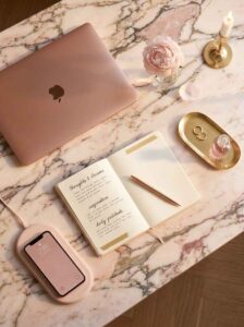 Minimalist aesthetic desk flat lay on a marble surface featuring a rose gold laptop, open gratitude journal, wireless charger, and gold candle holder.