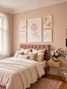 A symmetrical bedroom gallery wall with gold frames displaying a large botanical rose print and minimal sketches over a tufted pink bed frame.