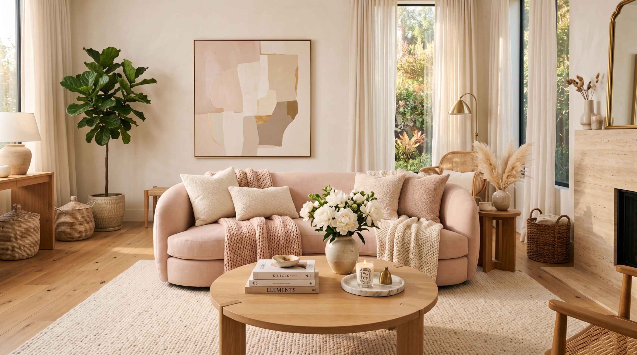 Minimalist and cozy living room ideas featuring a curved pink couch, light wood flooring, elegant pampas grass in a ceramic vase, and a cozy fireplace mantel.