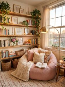 A peaceful college dorm room reading corner featuring a large pink sherpa bean bag chair, a chunky knit blanket, multiple wooden floating shelves with books and plants, a gold floor lamp, and a large window.