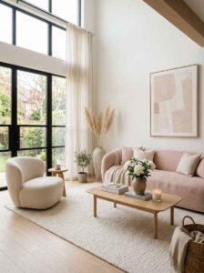 Minimalist and cozy living room ideas featuring a curved pink couch, light wood flooring, elegant pampas grass in a ceramic vase, and a cozy fireplace mantel.