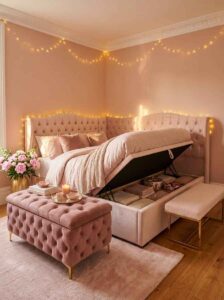 Smart space-saving furniture for tiny spaces showing a pink tufted hydraulic lift storage bed opened up to reveal organized blankets and linens, paired with a matching pink storage ottoman bench.
