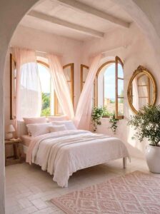 Bright and airy bedroom interior with abundant natural daylight streaming through arched windows with soft pink sheer curtains.