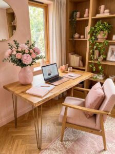 Natural wood live-edge desk paired with a blush pink upholstered chair, oak bookshelf with indoor plants, and soft neutral curtains.