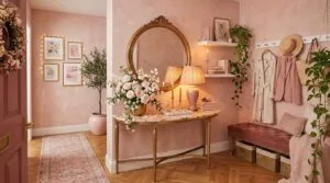 A beautiful apartment entryway designed with a soft neutral blush color palette, light wood tones, and minimalist Scandinavian styling.