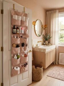 Pink fabric over-the-door organizer holding hair tools, towels, and beauty products in a small bathroom.