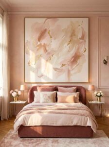 Luxurious neutral bedroom styling with a massive pink and gold abstract canvas painting mounted above a plush dusty rose velvet headboard.