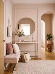 A large ornate round gold mirror hanging above a slim console table with dried pampas grass to make a small entryway look bigger.