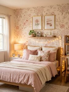 An aesthetic college dorm room with a pink floral peel-and-stick wallpaper accent wall behind a wooden bed frame, detailed with a small floating shelf, fairy lights, and a "Cozy" accent pillow.