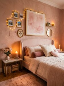 Intimate bedroom wall gallery combining a large abstract blush painting with small gold frames holding personal photos and souvenirs, illuminated by string lights.