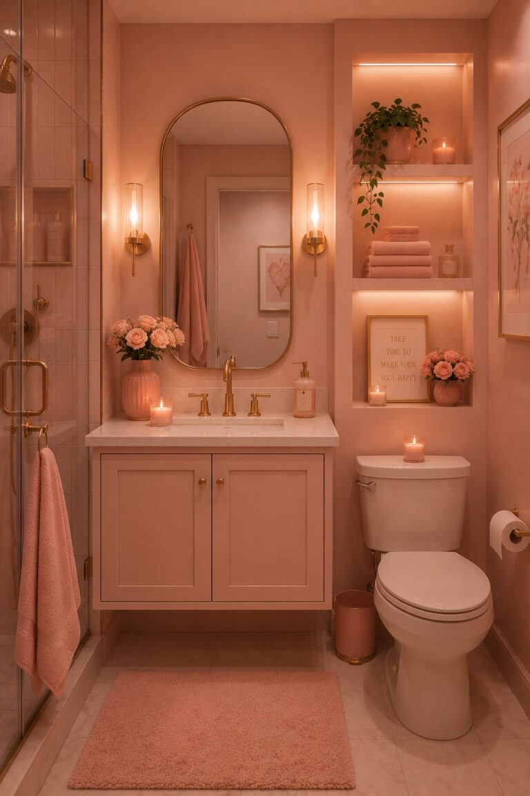 pink bathroom with mirror, cabins and bath