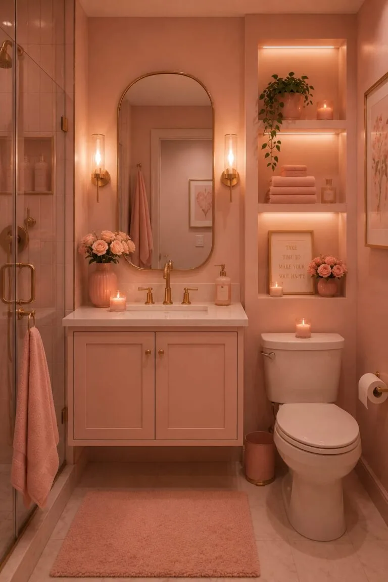 pink bathroom with mirror, cabins and bath