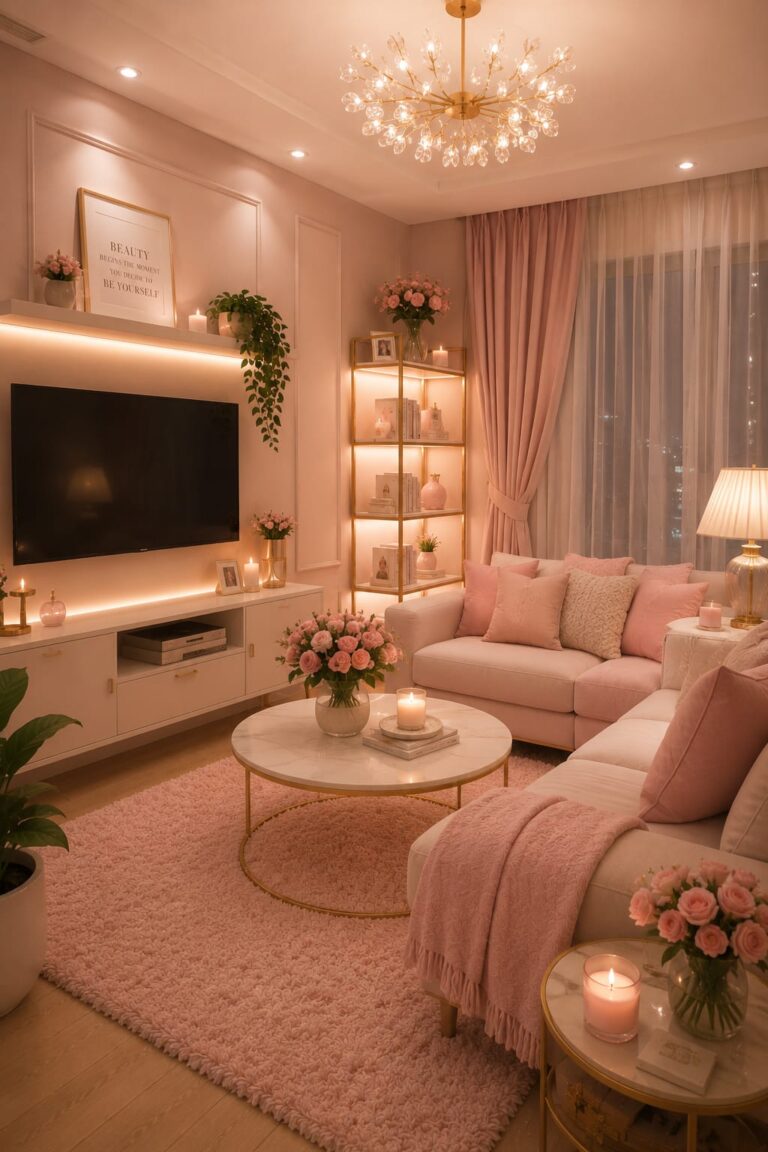 cozy pink living room with TV screen and couch and chandlier