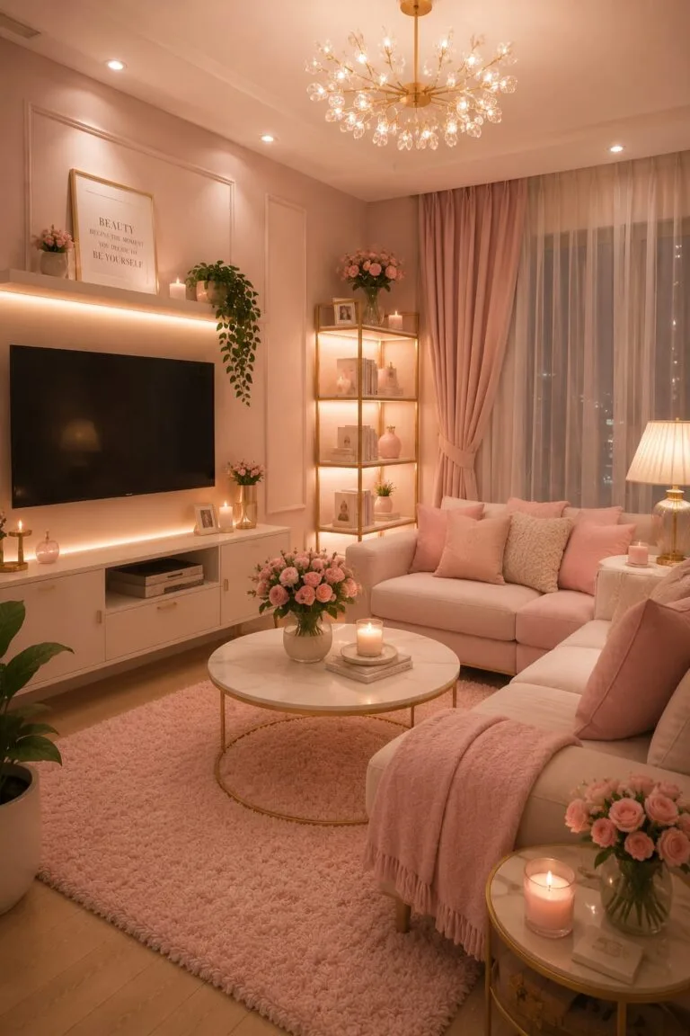 cozy pink living room with TV screen and couch and chandlier