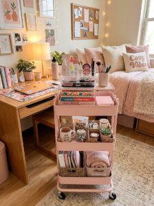 A pink three-tier rolling utility cart used as a dorm room vanity station, organized with clear makeup acrylic holders, textbooks, snacks, a coffee mug, and extra blankets next to a study desk.