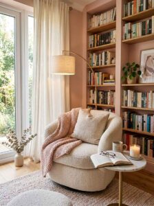 A quiet reading nook corner featuring a white bouclé sherpa armchair, a blush pink knit throw, a floor lamp, and built-in bookshelves, perfect for cozy living room ideas.