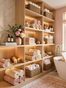 Neat rows of rolled white and pink towels stored on open oak wooden shelves in a spa-style bathroom.