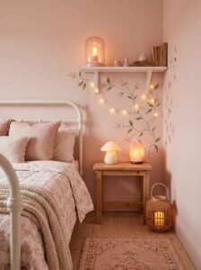 Soft decorative bedroom lighting styling featuring a glowing pink Himalayan salt lamp, a mushroom lamp, and a woven floor lantern.