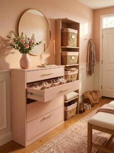 A stylish pink shoe cabinet drawer unit with pull-out organizers and woven baskets for practical entryway organization ideas.