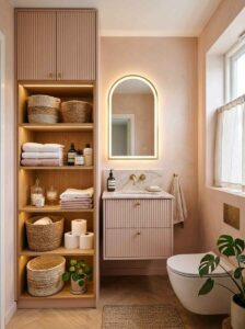 Tall, slim vertical open shelf unit beside a toilet holding woven baskets, towels, and toilet paper.