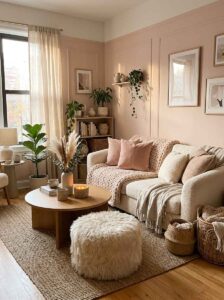 Small apartment cozy living room ideas featuring a soft pink accent wall, cream sofa draped in a chunky pink knit blanket, a fluffy white ottoman, and cozy candlelight.