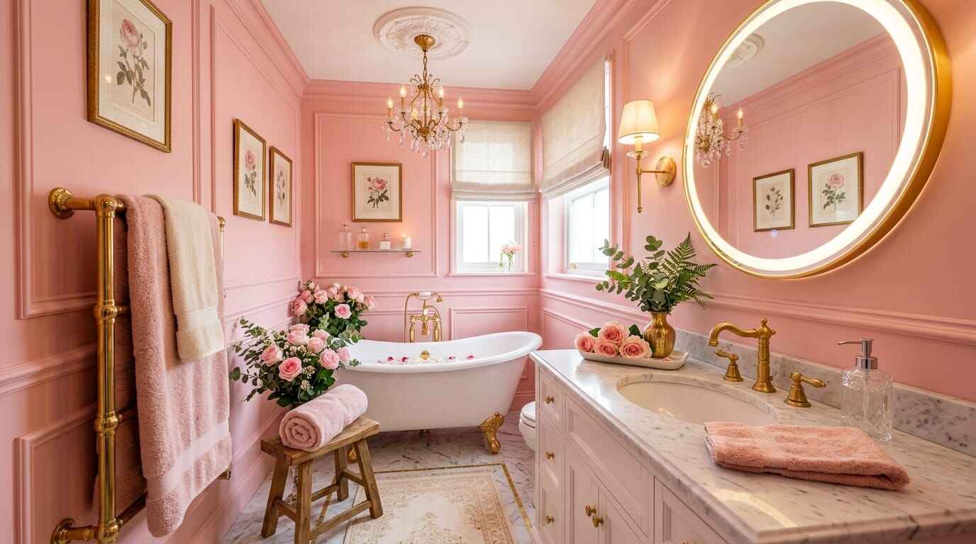 small bathroom organization ideas featuring a blush pink vanity, gold fixtures, and a clawfoot tub.