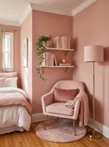 Space-saving small bedroom reading nook ideas featuring a pale pink accent chair with slender gold legs, layered white floating shelves, and a brass task lamp.