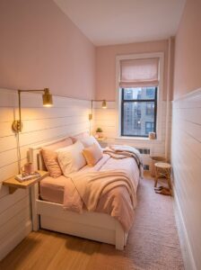 Small bedroom design with functional brass wall sconces mounted above floating nightstands to save space around pink bedding.